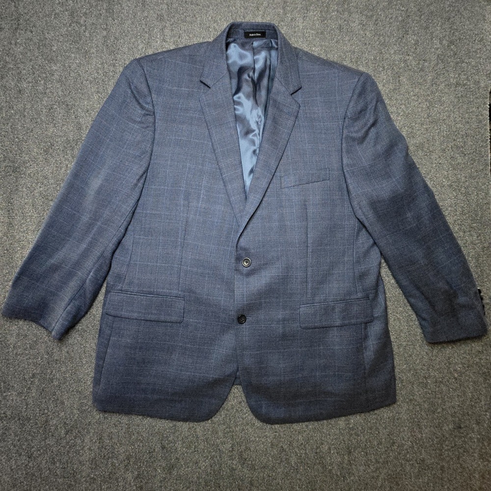 Joseph & Feiss‎ Gold Blazer Men 48R Blue Windowpane Plaid Wool Sport Coat Jacket